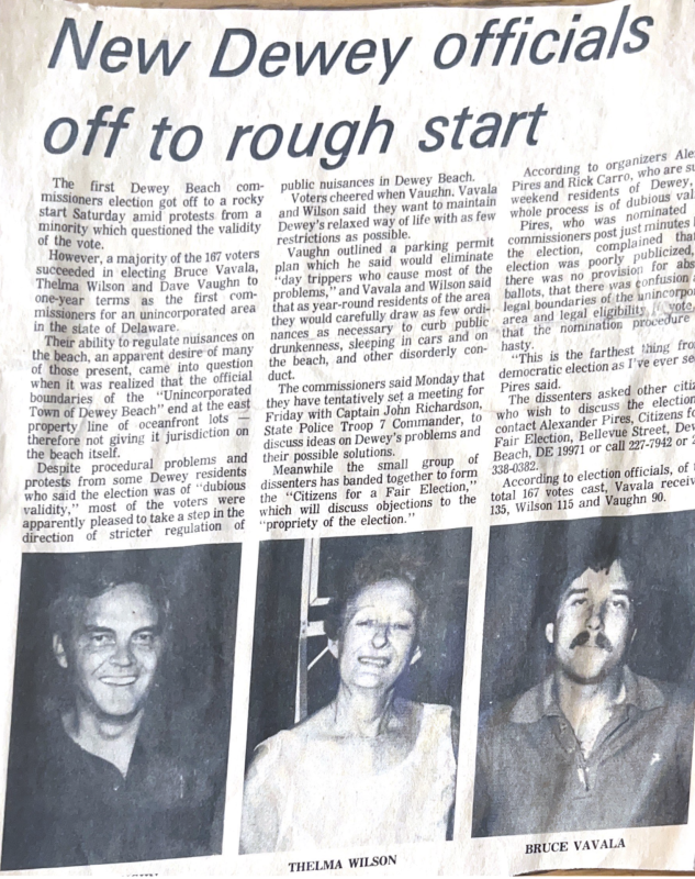 This article documents some procedural problems and protests surrounding the first election, and states that voters cheered when the new commissioners vowed to maintain Dewey’s relaxed way of life with as few restrictions as possible. VAVALA FAMILY